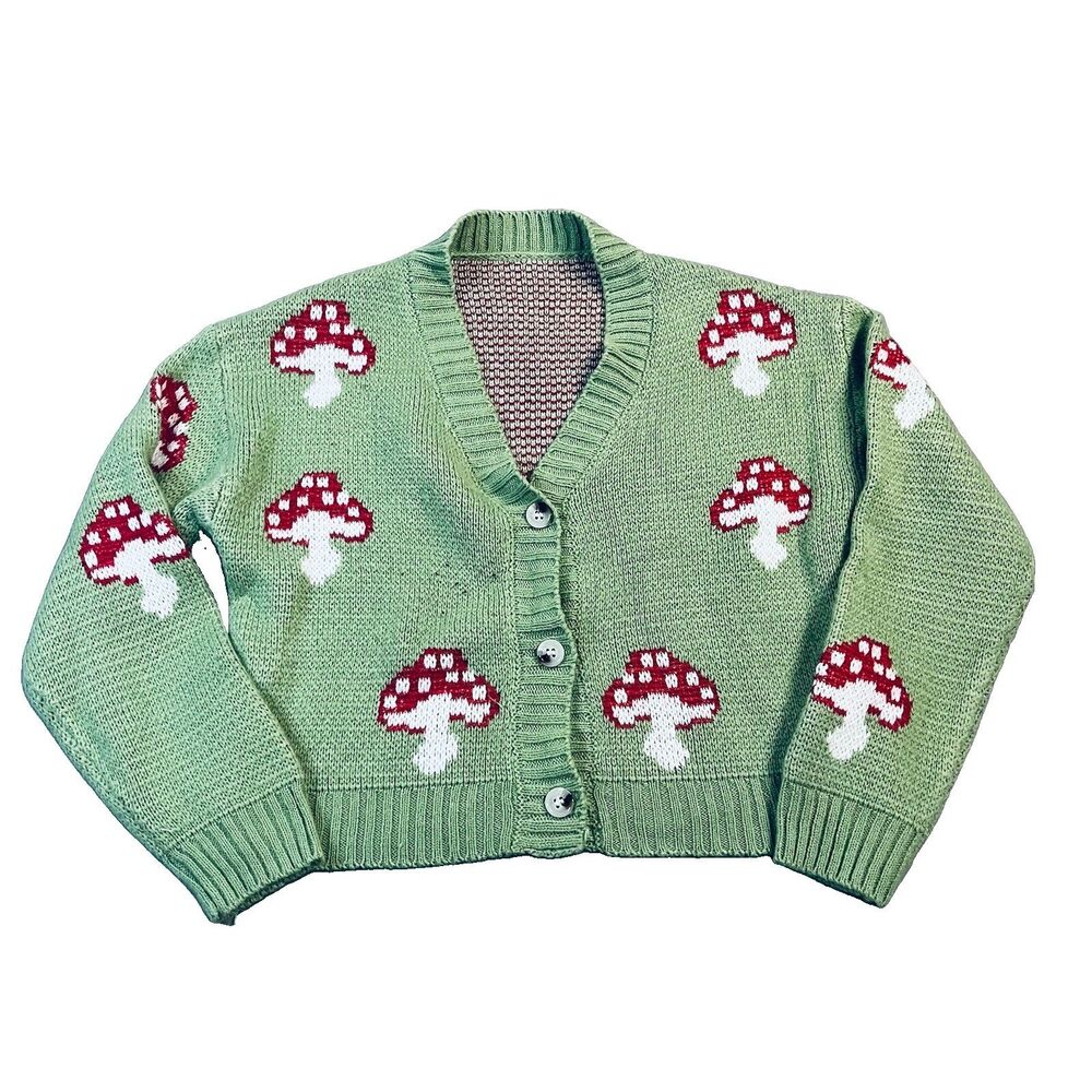 Shein Green Red Mushroom Cardigan Sweater Girls Youth Size 10Y